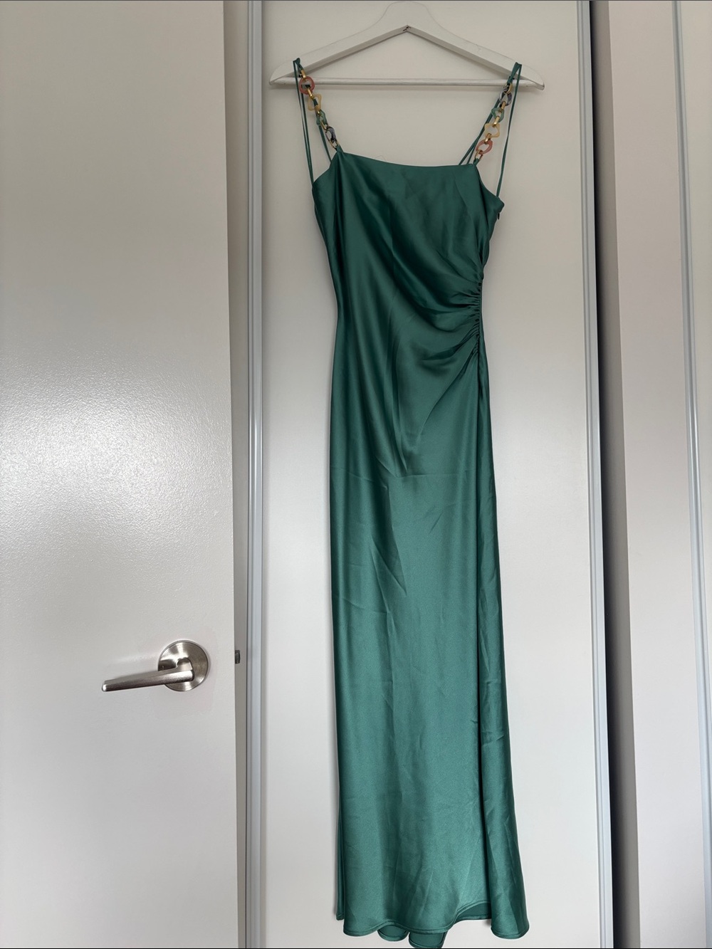 Zara Deep Green Satin Maxi Dress with Chain-Strap Detail